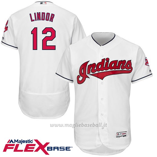 Maglia Baseball Uomo Cleveland Indians Francisco Lindor 12 Bianco Flex Base Autentico Collezione Giocatore